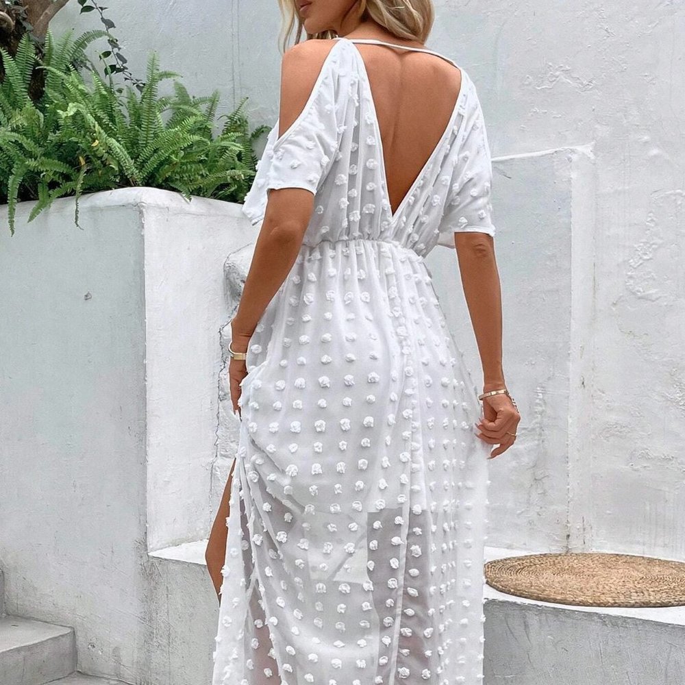 White Boho Womens Swiss Dot Cold Shoulder Split Thigh Dress - Picture 2 of 5